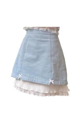 Blue Kawaii Lace Patchwork Denim Skirt with charm.