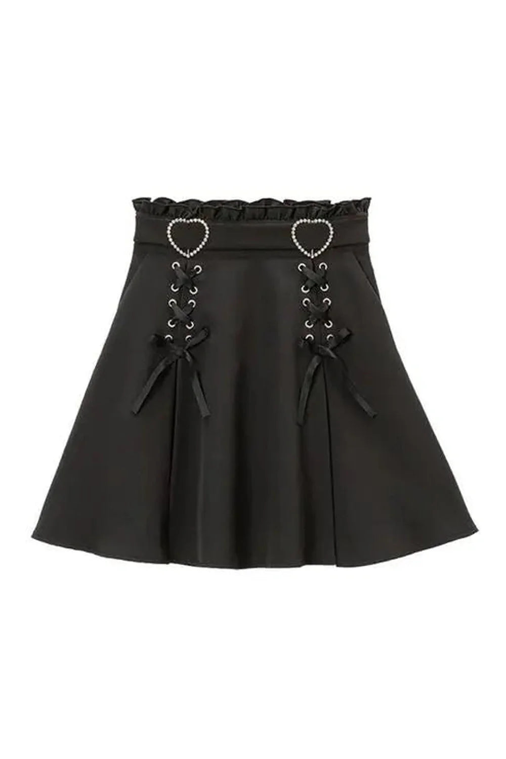 Black Kawaii Lace-Up Ruched Skirt with charming details.