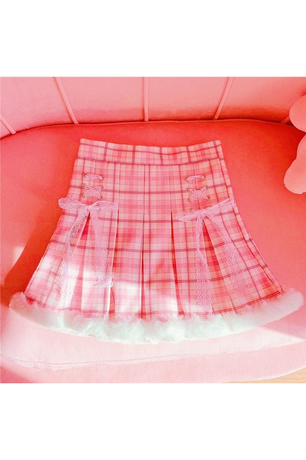 Pink Kawaii Plaid Mini Skirt in adorable design.