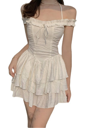 Cute Kawaii Ruffled Strap White Dress - Flirty design.