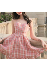 Pink Kawaii sleeveless dress with sweet plaid pattern.