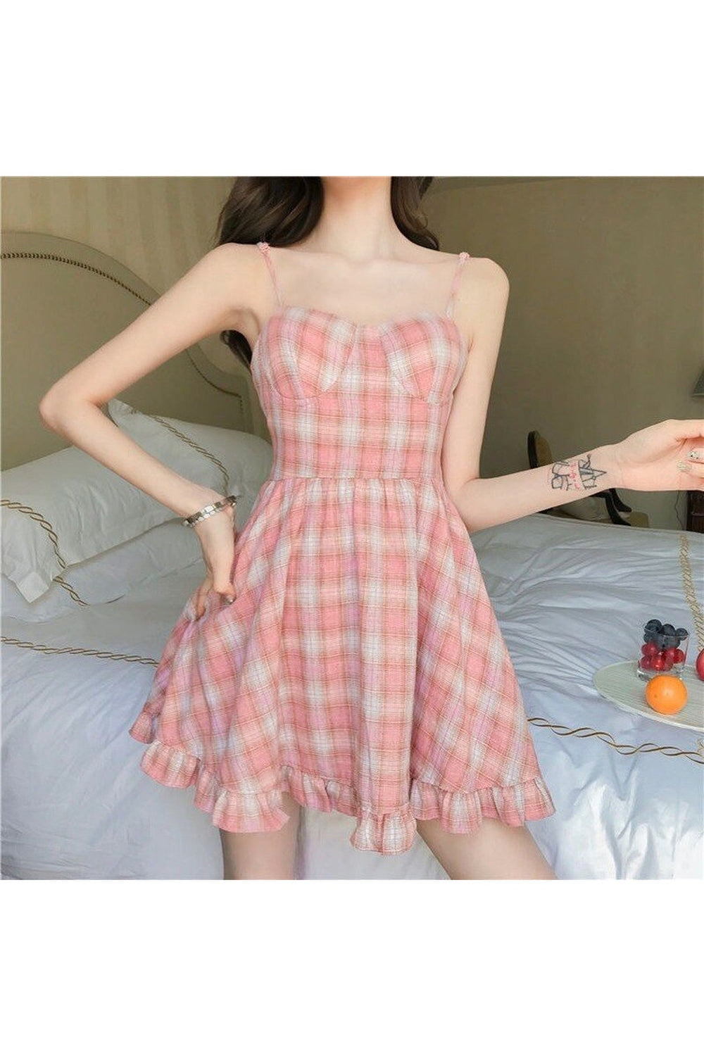 Pink Kawaii sleeveless dress with sweet plaid pattern.