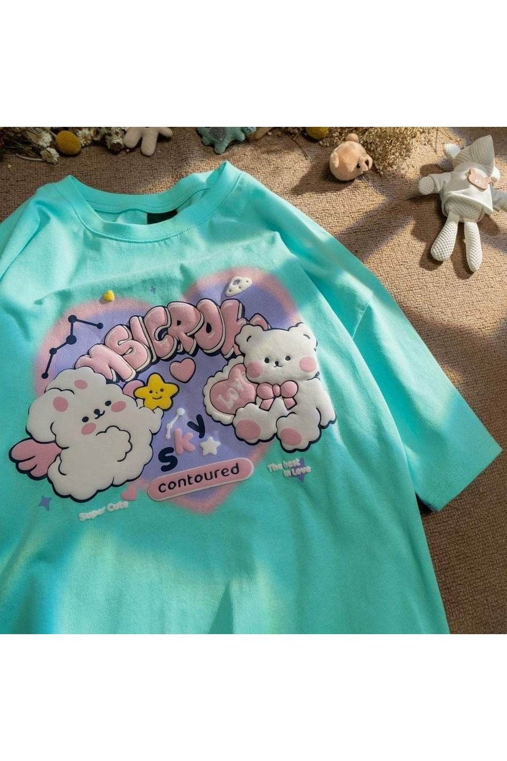 Kidcore Bear Cute T-Shirt in Sky Bear Green, adorable.