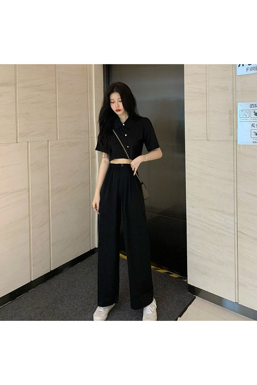 Korean Black 2 Piece Set Pants & Crop Top