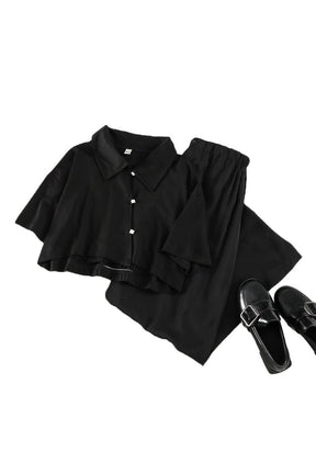 Stylish Korean black sets featuring pants and crop top.