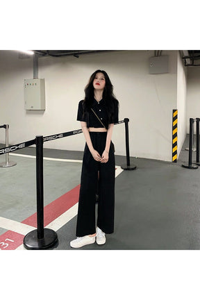 Korean Black 2 Piece Set Pants & Crop Top