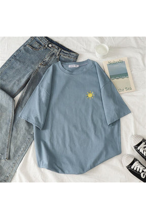 Blue Korean Casual T-shirt with print featuring pattern.