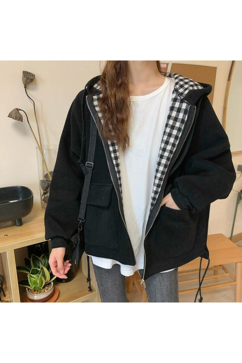 Fall Korean Check jacket with zip hood