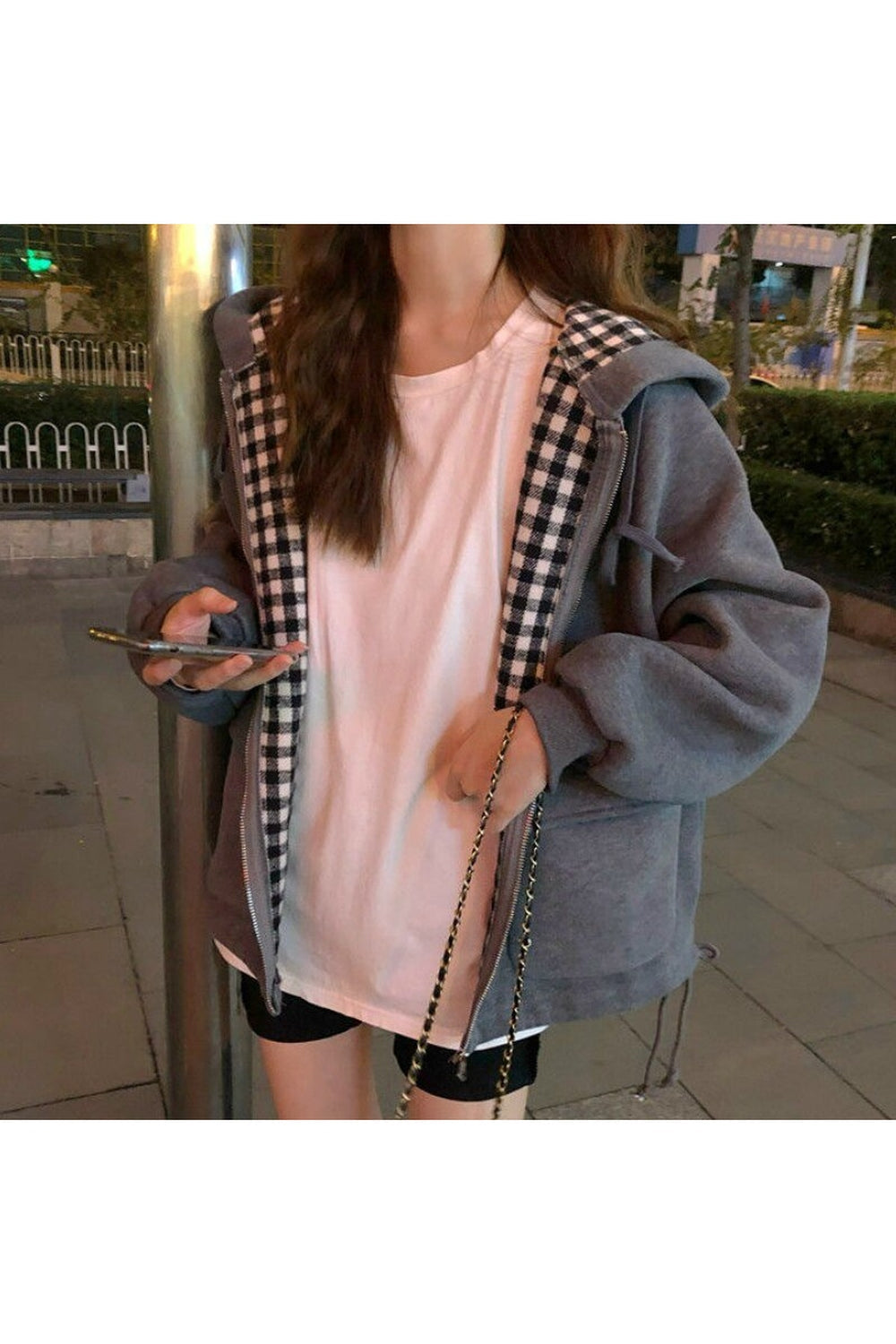 Fall Korean Check jacket with zip hood