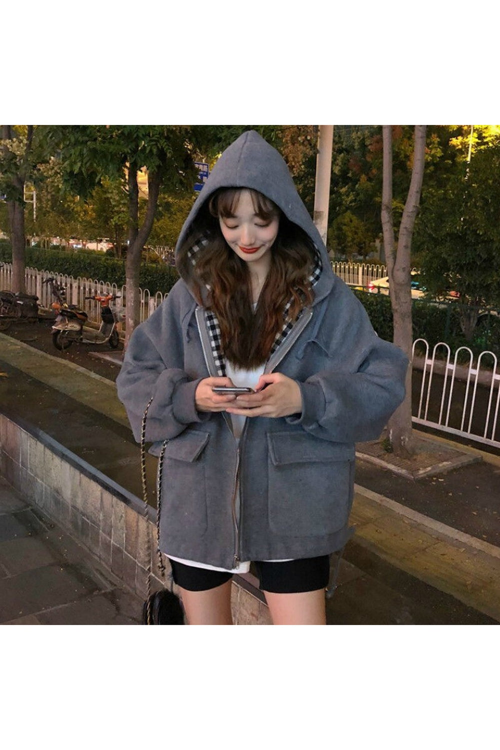 Fall Korean Check jacket with zip hood