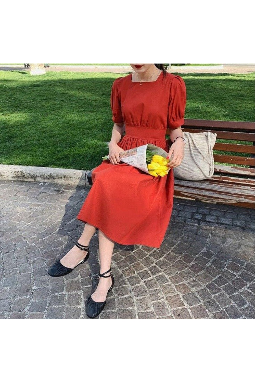 Stylish Korean Cotton Casual Dress in Red.