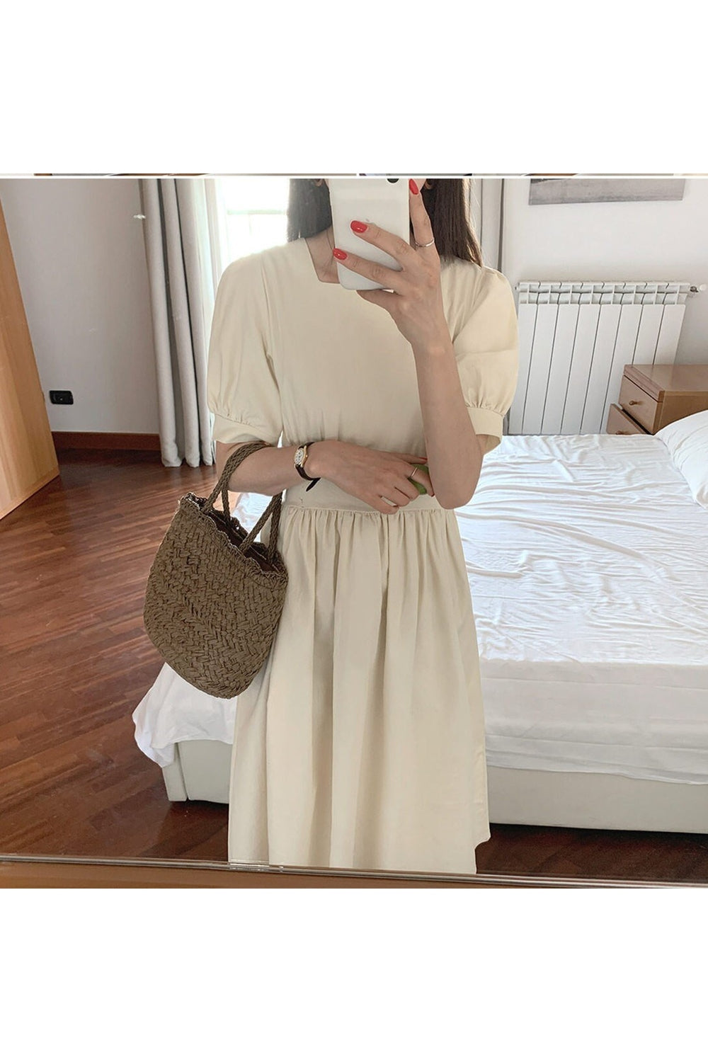 Apricot Korean Cotton Casual Dress with unique texture.