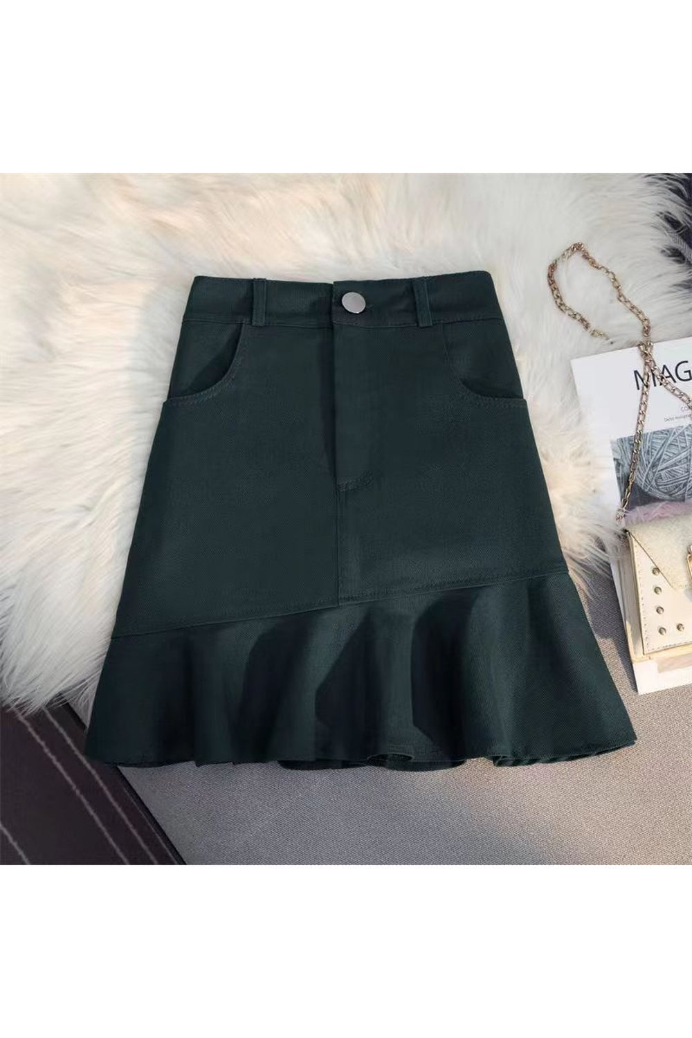 Stylish Korean Fashion Denim Mini Skirt in Dark Green.