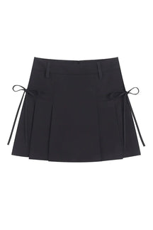 Black lace-up pleated summer skirt with Korean style.