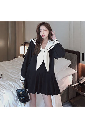 Black Korean Retro Mini Dress with Long Sleeves.