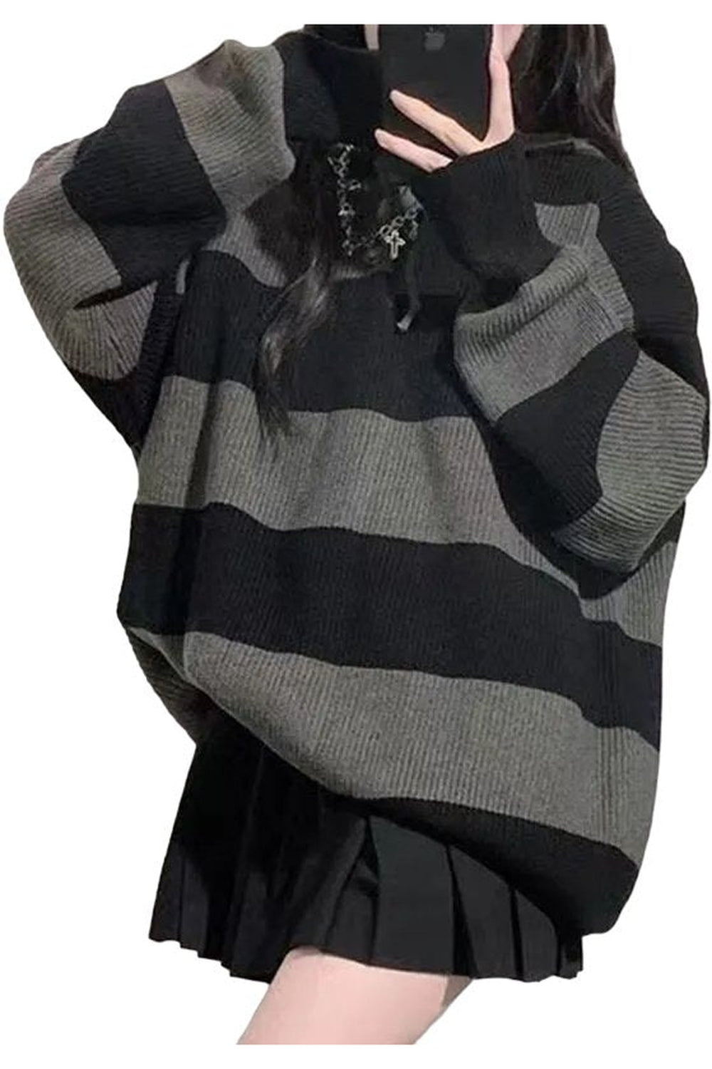 Cozy Fall Korean Stripe Knit Sweater in Black Gray.