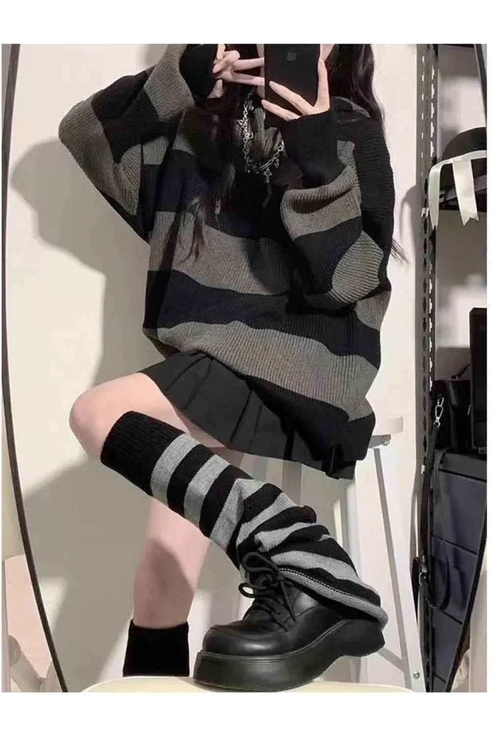 Cozy Fall Korean Stripe Knit Sweater in Black Gray.