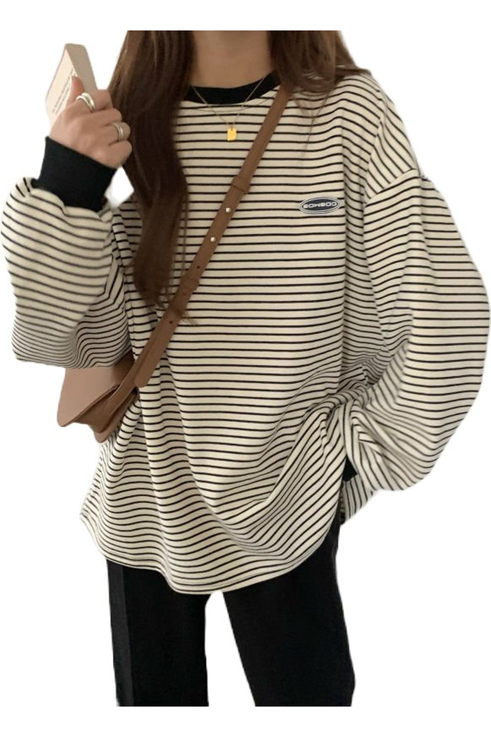 Striped white Korean T-shirt with sleek design.