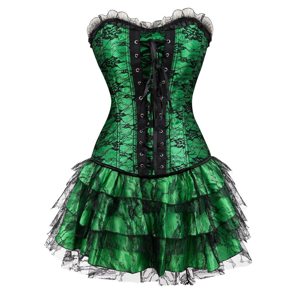 Green lace overbust corset with dress overlay.