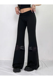 Elegant black lace panel flare pants for women.