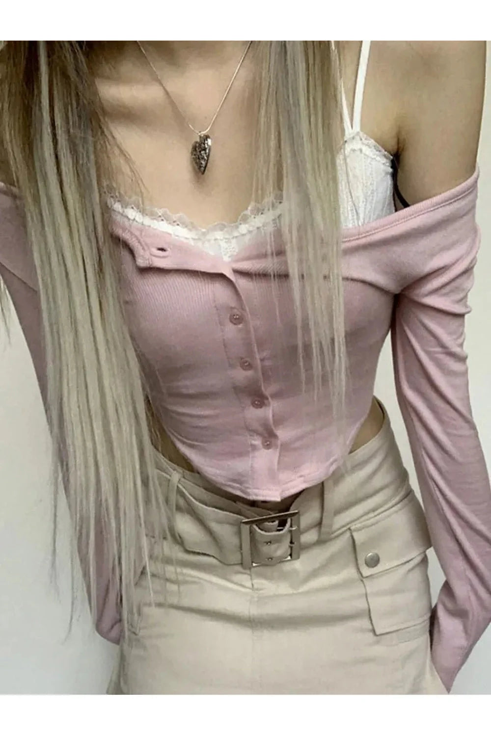 Lace Patchwork Pink Crop Tee