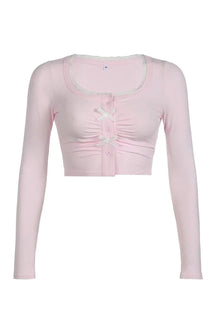 Pink Lace-Trim Bow Tie Crop Cardigan. Feminine and charming.