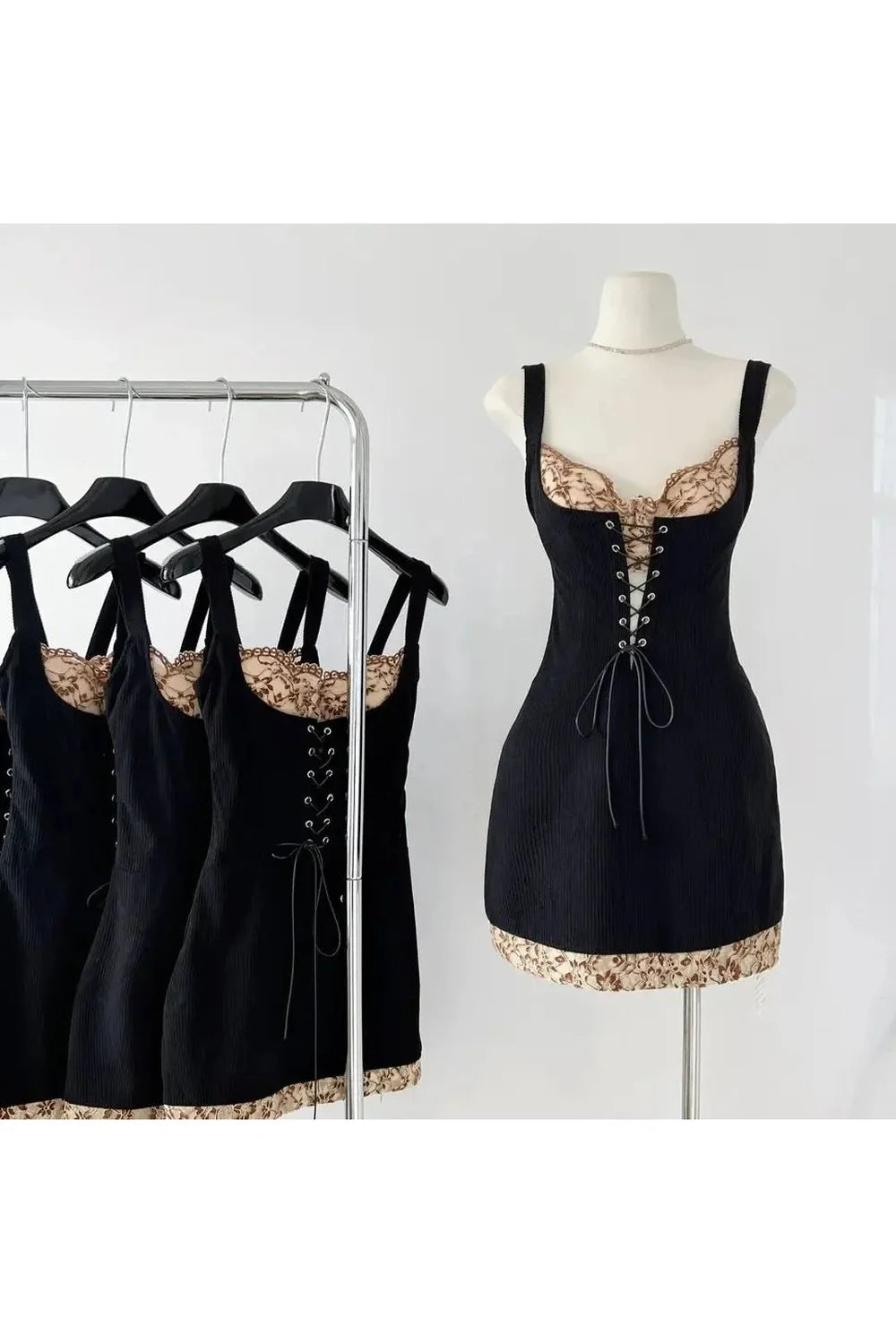 Elegant Black Lace Trim Corset Dress whispers sophistication.