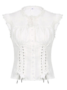 White Lace Trim Cross Tie-up Tank Top. Feminine.