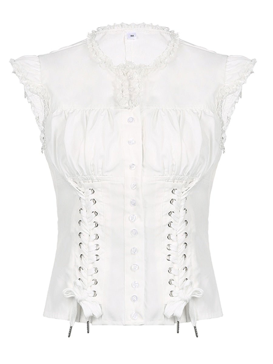 White Lace Trim Cross Tie-up Tank Top. Feminine.