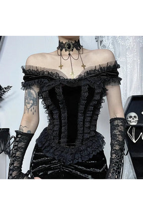 Black lace-trimmed off-shoulder Gothic corset top allure.