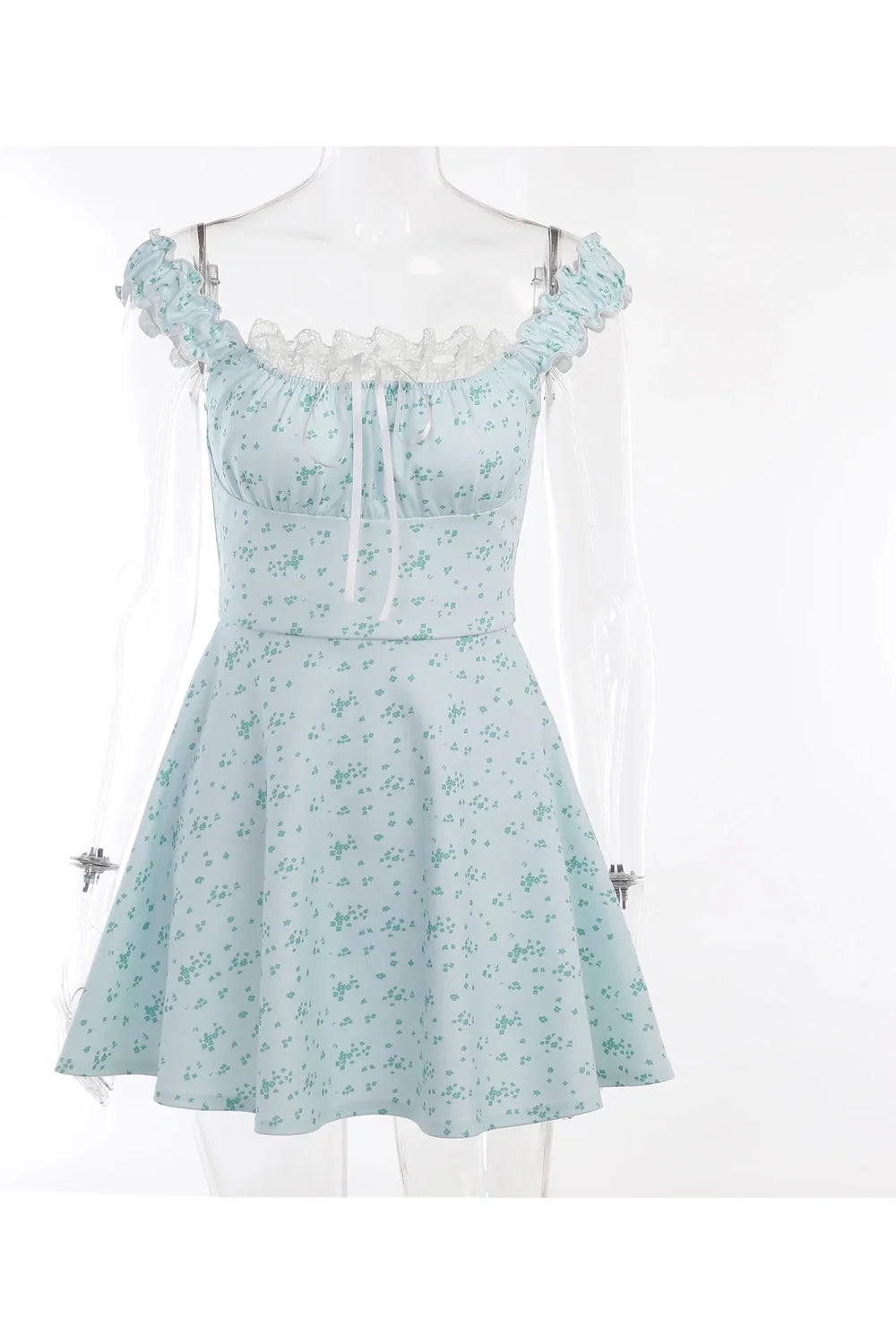 Chic Lace-Trim Off-Shoulder Mini Dress in SKY BLUE.