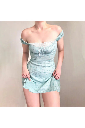 Chic Lace-Trim Off-Shoulder Mini Dress in SKY BLUE.