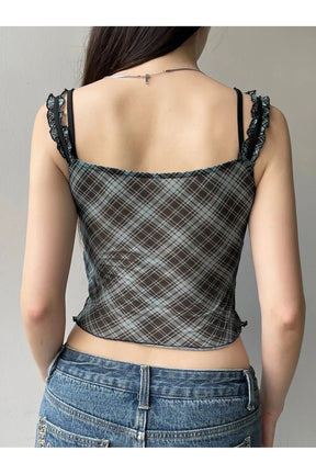 Lace-Trim Plaid Mesh Top