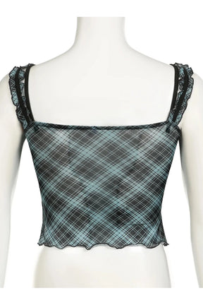 Blue Lace-Trim Plaid Mesh Top with elegance.