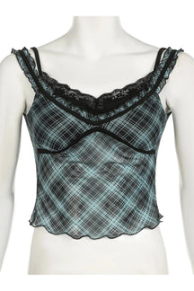 Blue Lace-Trim Plaid Mesh Top with elegance.