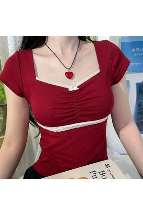 Red lace-trim sweetheart ruched top, elegant and stylish.