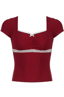 Red lace-trim sweetheart ruched top, elegant and stylish.