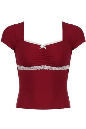 Red lace-trim sweetheart ruched top, elegant and stylish.