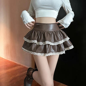 Coffee Lace-Trimmed Tiered Mini Skirt in rich brown.