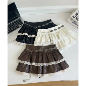 Coffee Lace-Trimmed Tiered Mini Skirt in rich brown.