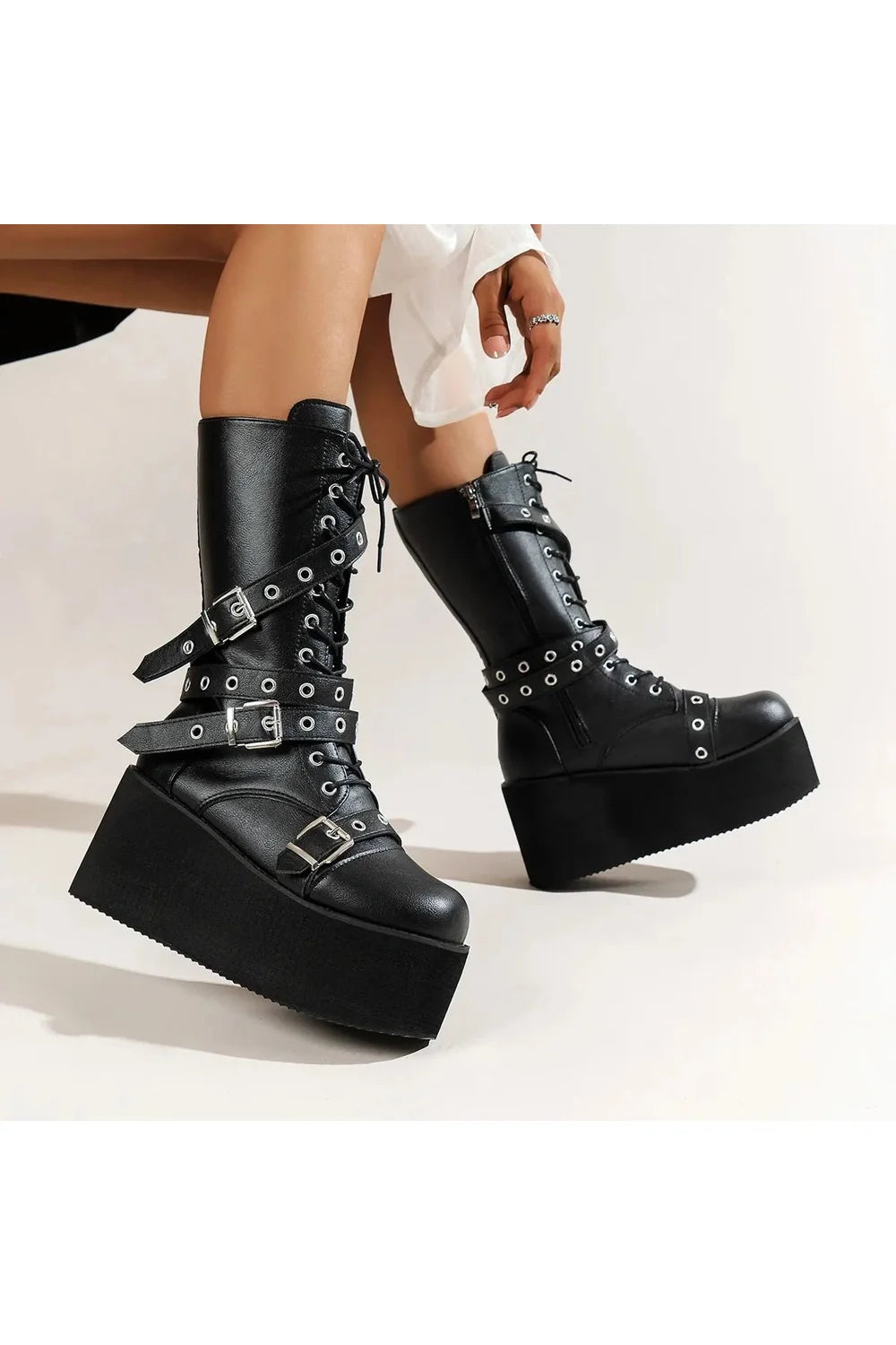 Lace Up Buckle Wedge Boots