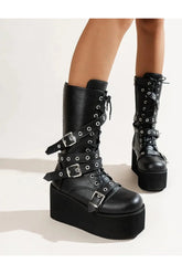 Lace Up Buckle Wedge Boots