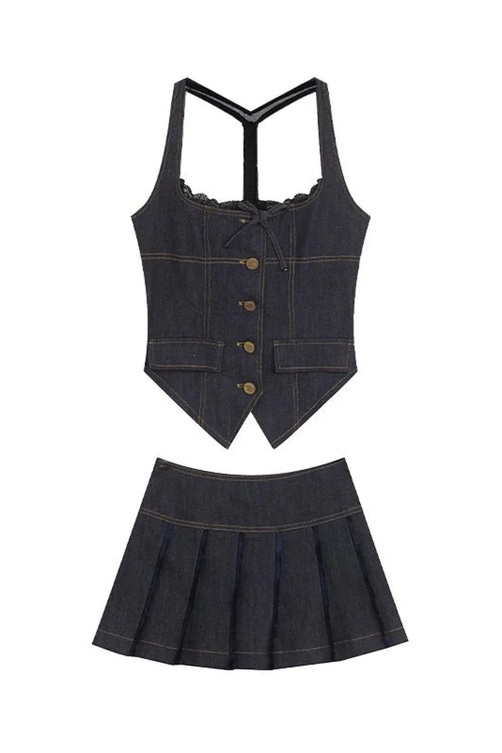 Stylish Lace-Up Indigo Mini Set - 2 Piece Ensemble.