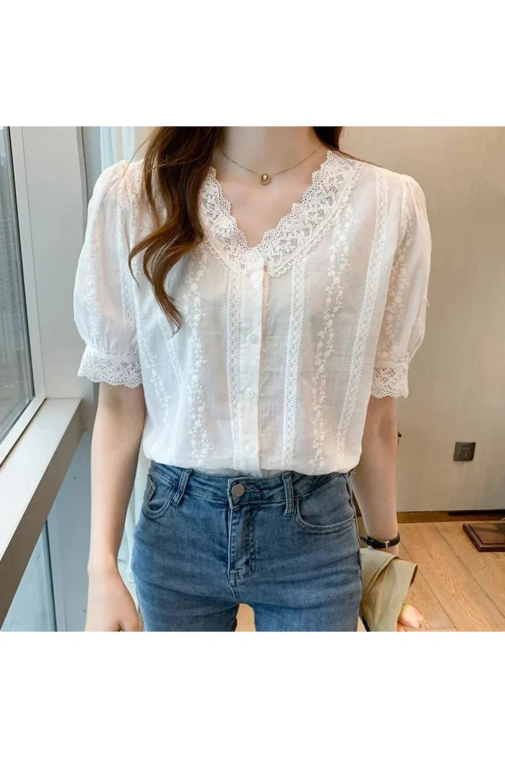 Lace V-Neck White Blouse