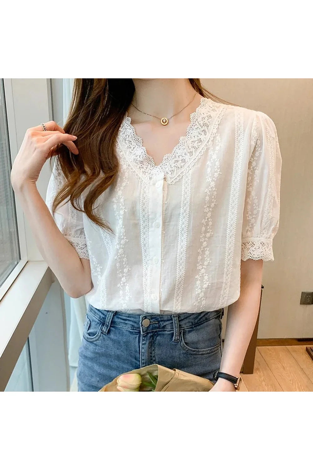 Lace V-Neck White Blouse