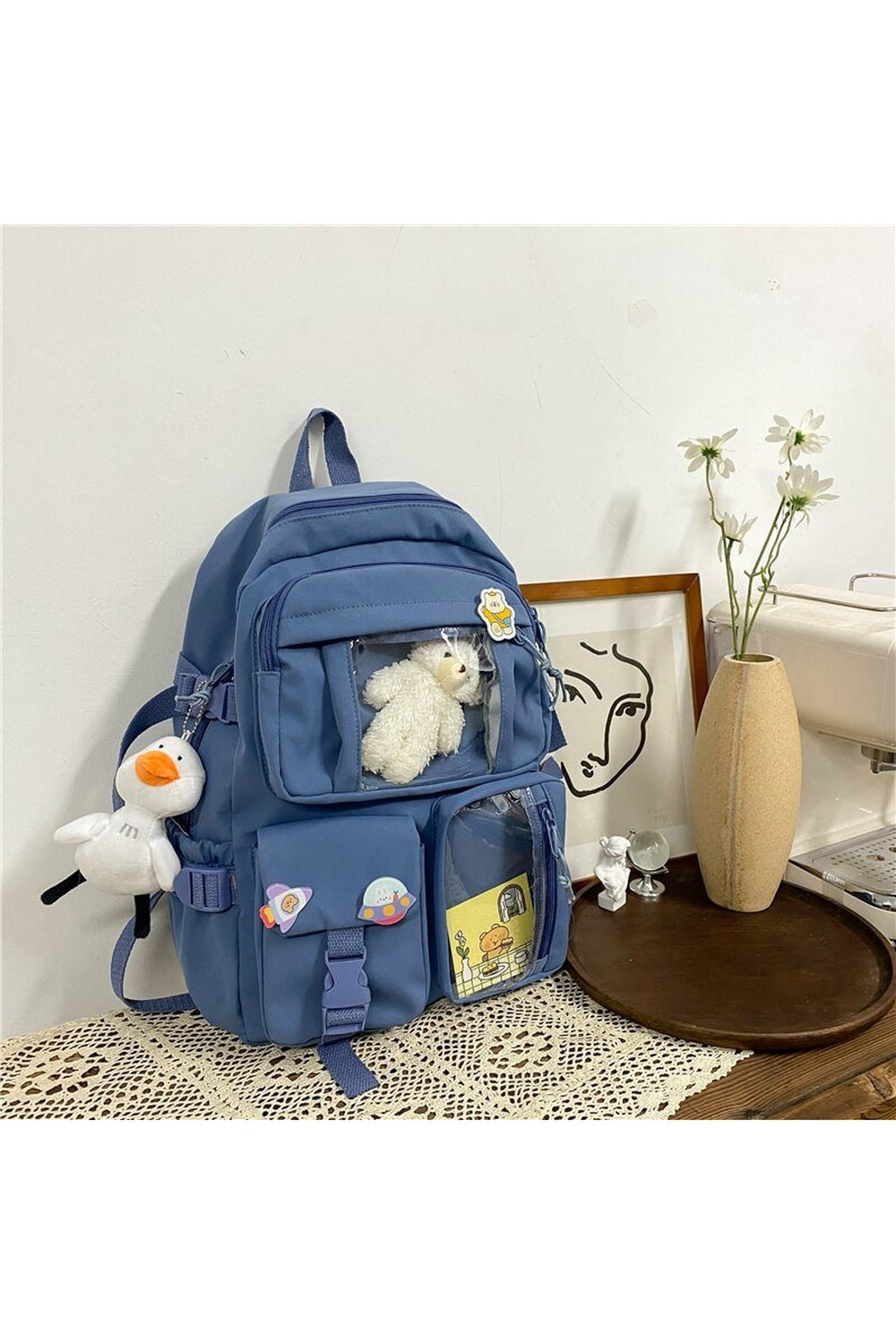 Blue Large Capacity Kawaii Backpack, ideal for travel.