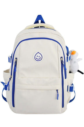 "Large Cute College Backpack in White with Blue, spacious."