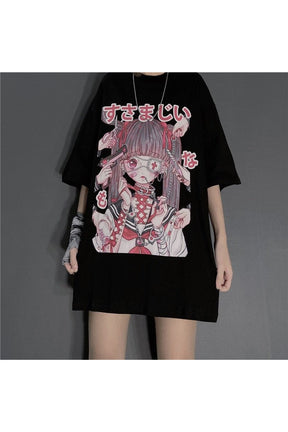 Anime print Large T-shirt in black. Bold.