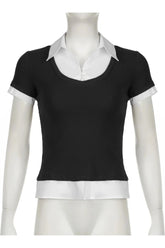 Stylish black layered collared top with contrast detailing.