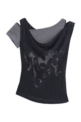 Layered Grunge Mesh Top in black grey, edgy.